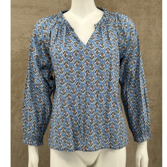 J Crew Top Womens Small Blue Floral 100% Cotton Spring Boho Peasant Cottage - Picture 1 of 11